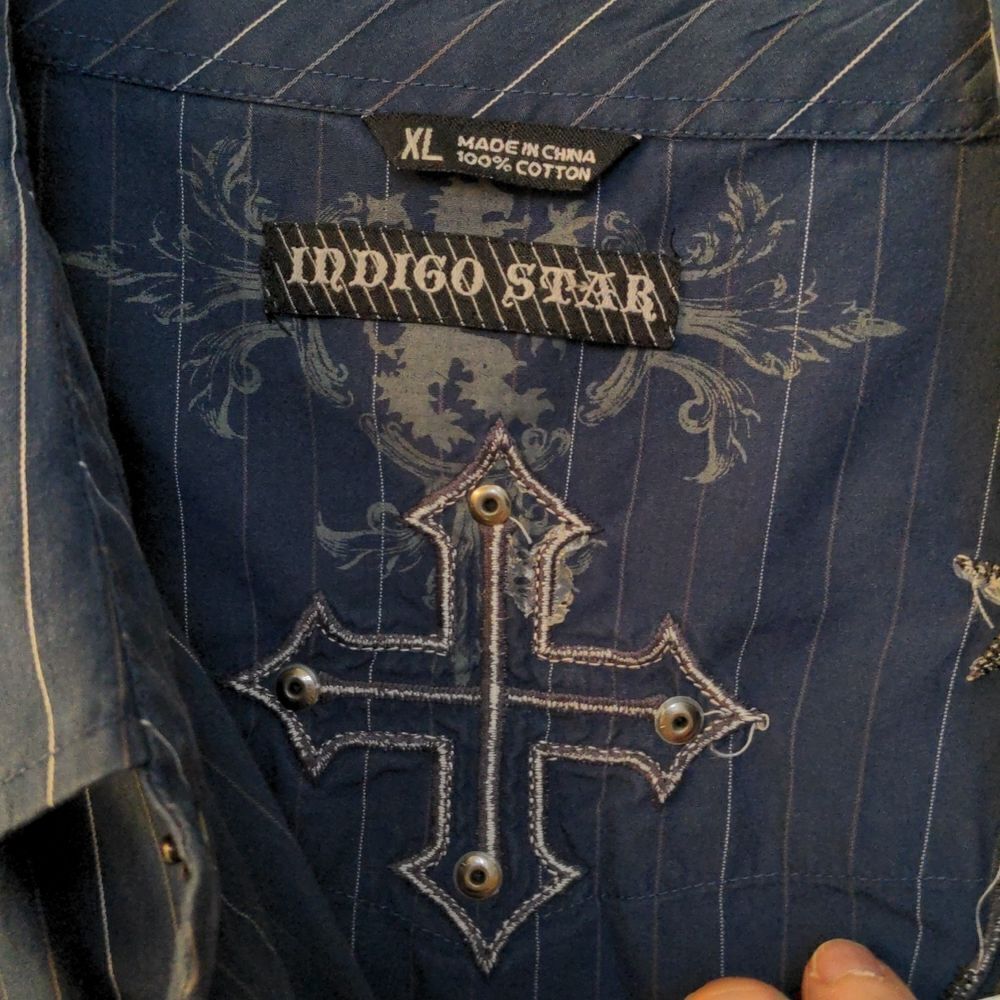 2/$20 Indigo Star Pin-Stripe Navy Blue Military Style Shirt Pearl Buttons Sz XL - Picture 11 of 12